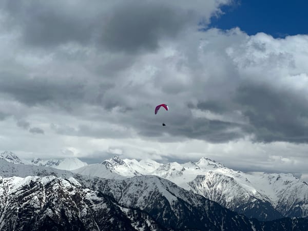 Pink wing soaring over the snow-capped Himalayan range